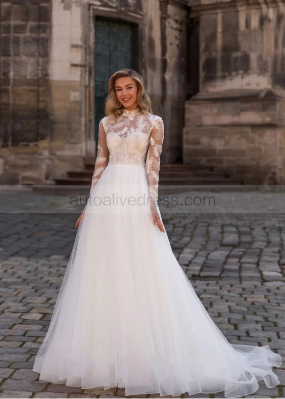 High Neck Beaded Ivory Feather Embroidery Lace Tulle Wedding Dress High Neck Beaded Ivory Feather Embroidery Lace Tulle Wedding Dress